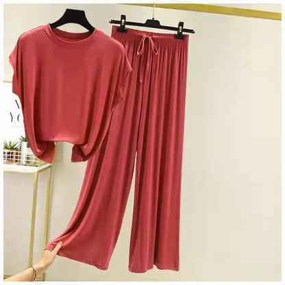 Modal Loose Homewear set O-neck Tshirts short sleeves and Wide leg pants Casual streetwear suit all match brick red