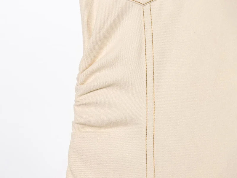 ETJ 2025 summer new TRAF women's elegant fashion waist pleated V-neck short-sleeved temperament denim MIDI dress