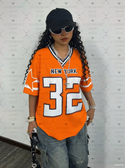 2025 Women Baseball Jerseys NEW YORK 32 Print V-Neck Short Sleeve T-Shirt Summer Tee Stripe Oversized Sport T-Shirt Badiee Stylez