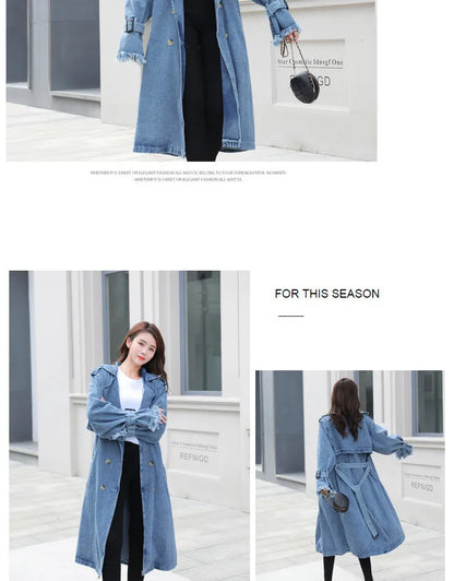 Trench Denim Coat Women Long Coats Lace Up Belt High Waist Turn Down Collar Maxi Jackets Y2k Single Breasted Elegant Autumn
