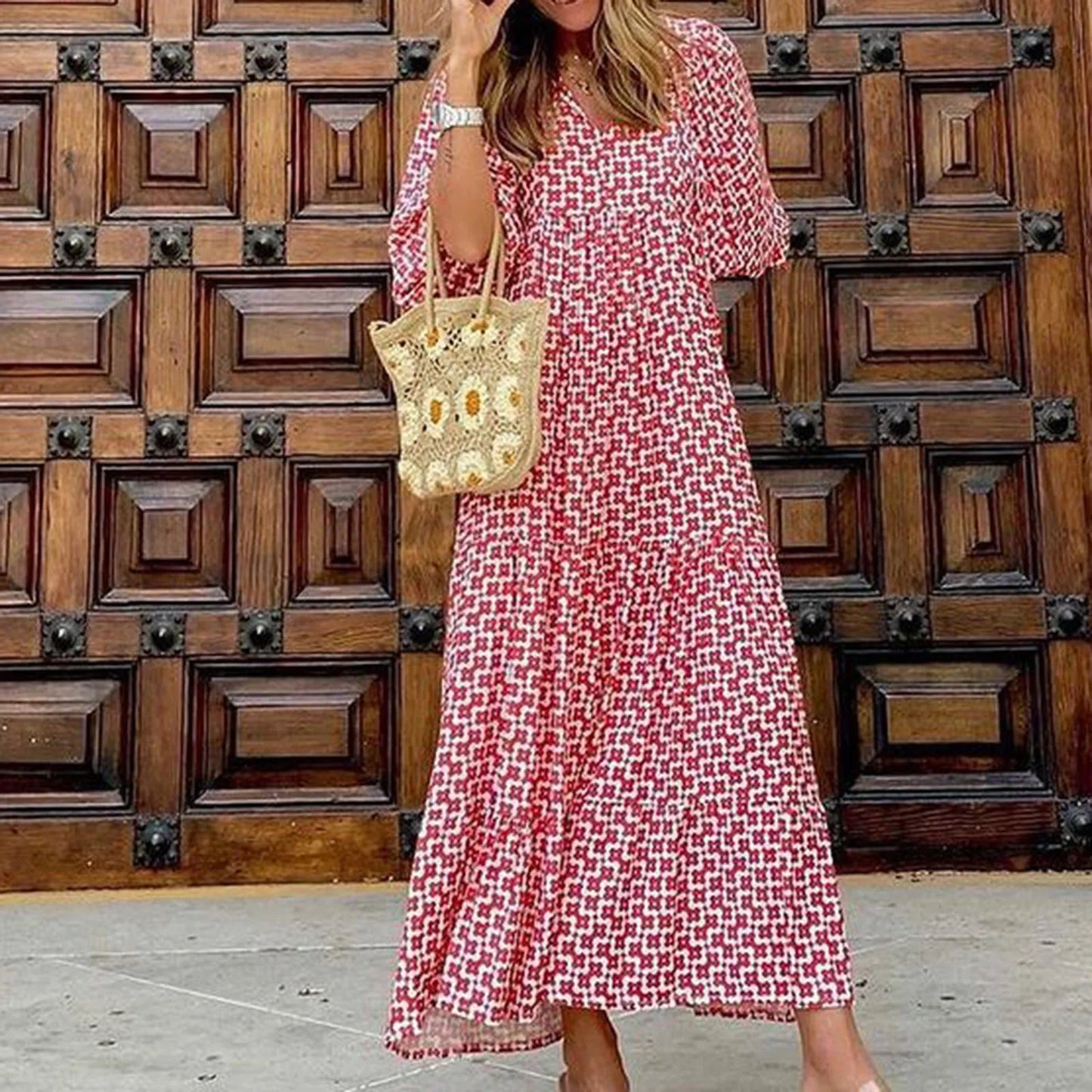 Puff Sleeve Boho Maxi Dress Elegant Women Summer 2022 Casual Floral Drawstring V-Neck Loose Holiday Beach Dresses Party Vestidos Badiee Stylez
