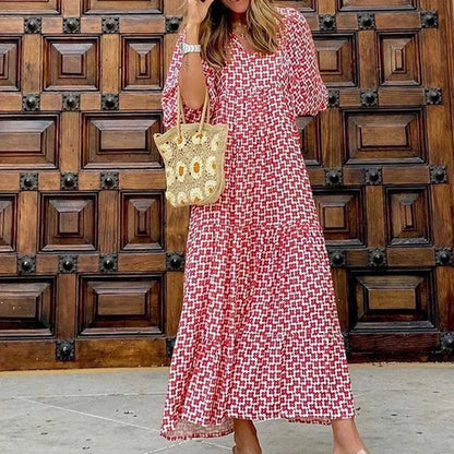 Puff Sleeve Boho Maxi Dress Elegant Women Summer 2022 Casual Floral Drawstring V-Neck Loose Holiday Beach Dresses Party Vestidos Badiee Stylez