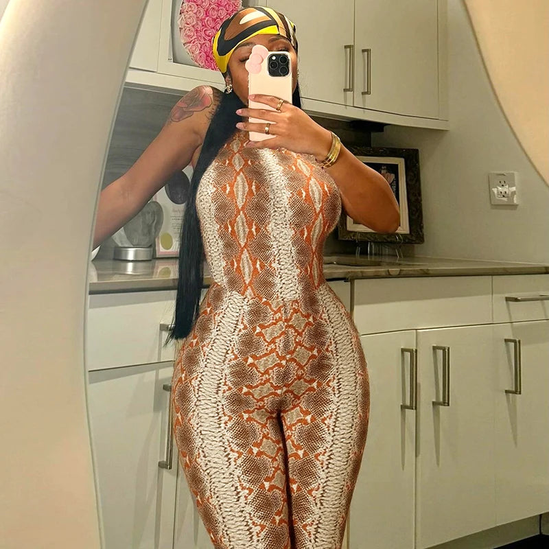 CUTENOVA Women'S Full-Body Printed Hanging Neck Tie Backless Skinny Five Points Jumpsuit Simple Casual Sexy Street Jumpsuit