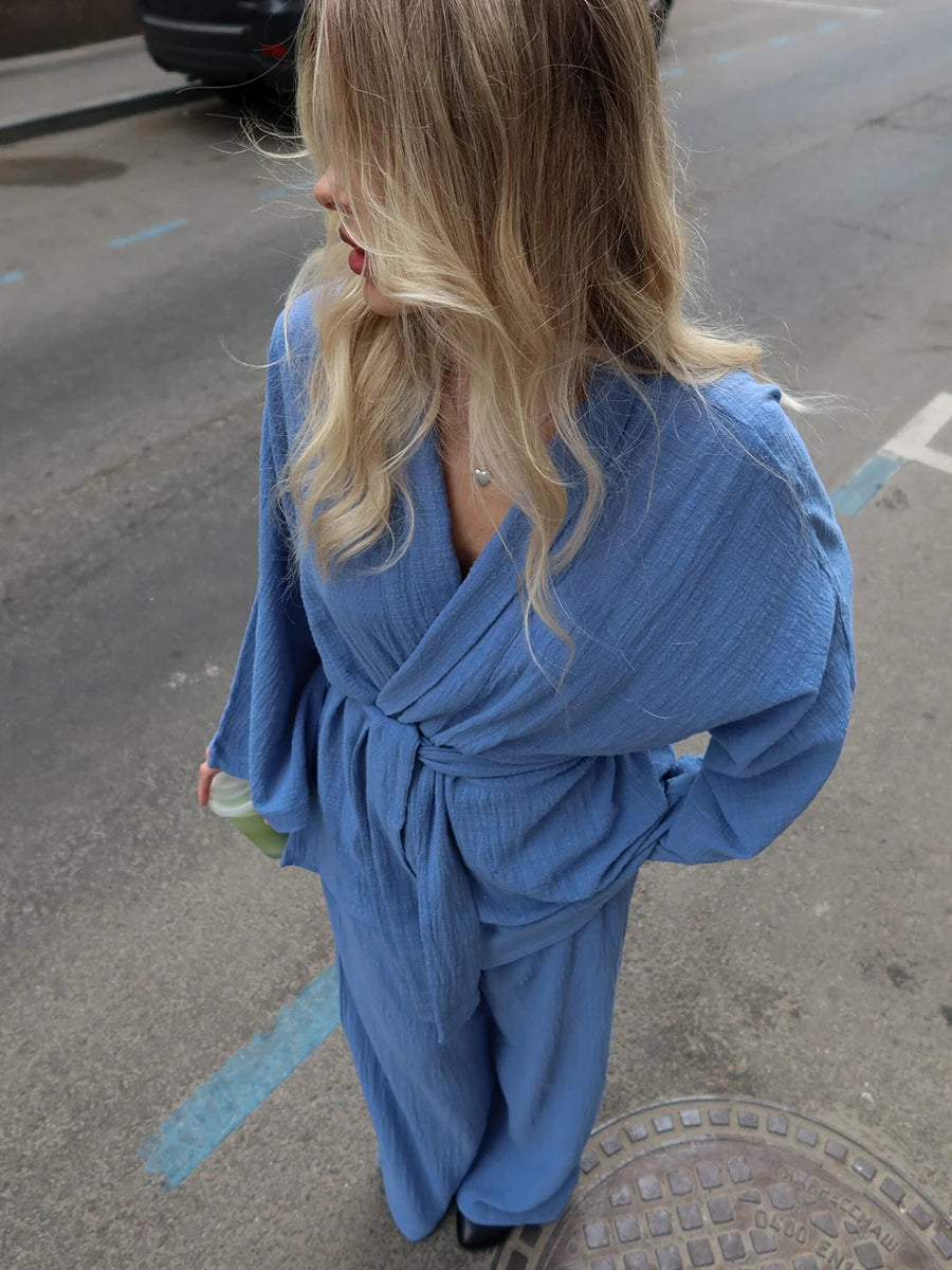Mozuleva 2025 Autumn New 100% Cotton Women's Blue Lace Up Long Sleeve Pajama Set Loose Pants 2 Piece Leisure Homewear