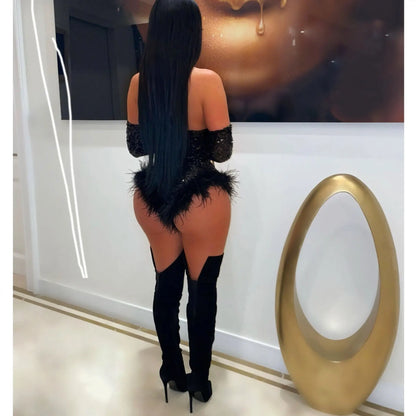 Women's Elegant Sequined Feather Slim Patchwork Bodysuits Spring Summer New Sexy Bodysuits Women Long Sleeve Backless Bodysuits