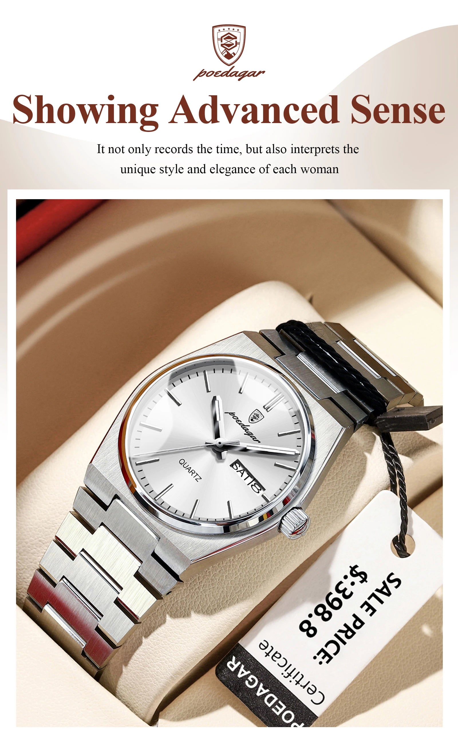 POEDAGAR Original New Woman Watch Stainless Steel Waterproof Luminous Ladies Wristwatch Date Week Elegant Quartz Women's Watches