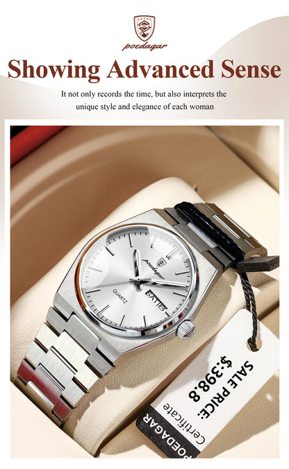 POEDAGAR Original New Woman Watch Stainless Steel Waterproof Luminous Ladies Wristwatch Date Week Elegant Quartz Women's Watches