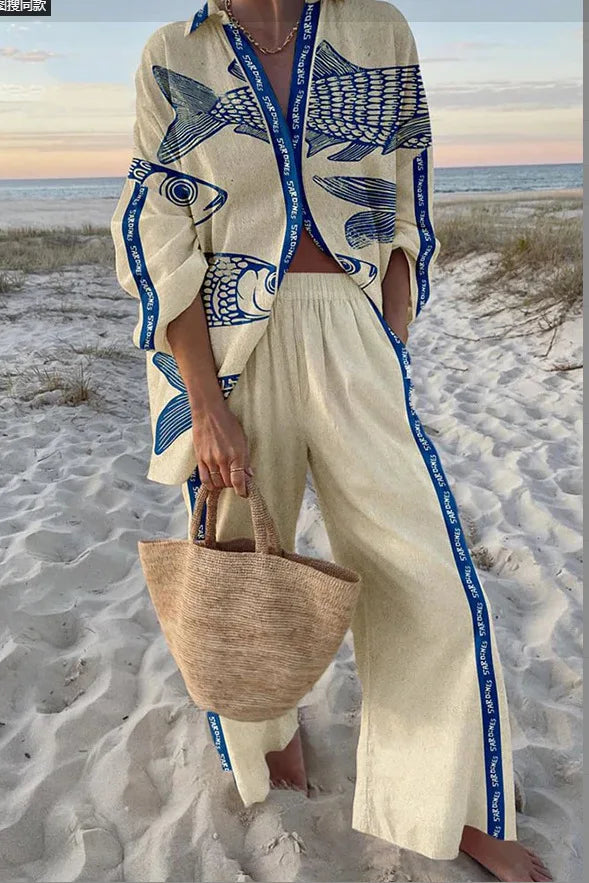 Summer Women New Casual Print Two-piece Set Clothing Seaside Tropical Vacation Style Printed Lapel Shirt + Wide-leg Trousers Set W996409