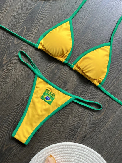 RUOTONSEPT Sexy Embroidery Brasil Flag Contrast Split Bikini Set Women Swimwear Patchwork Swimsuit Hottie Outfit SummerBeachwear RT2531
