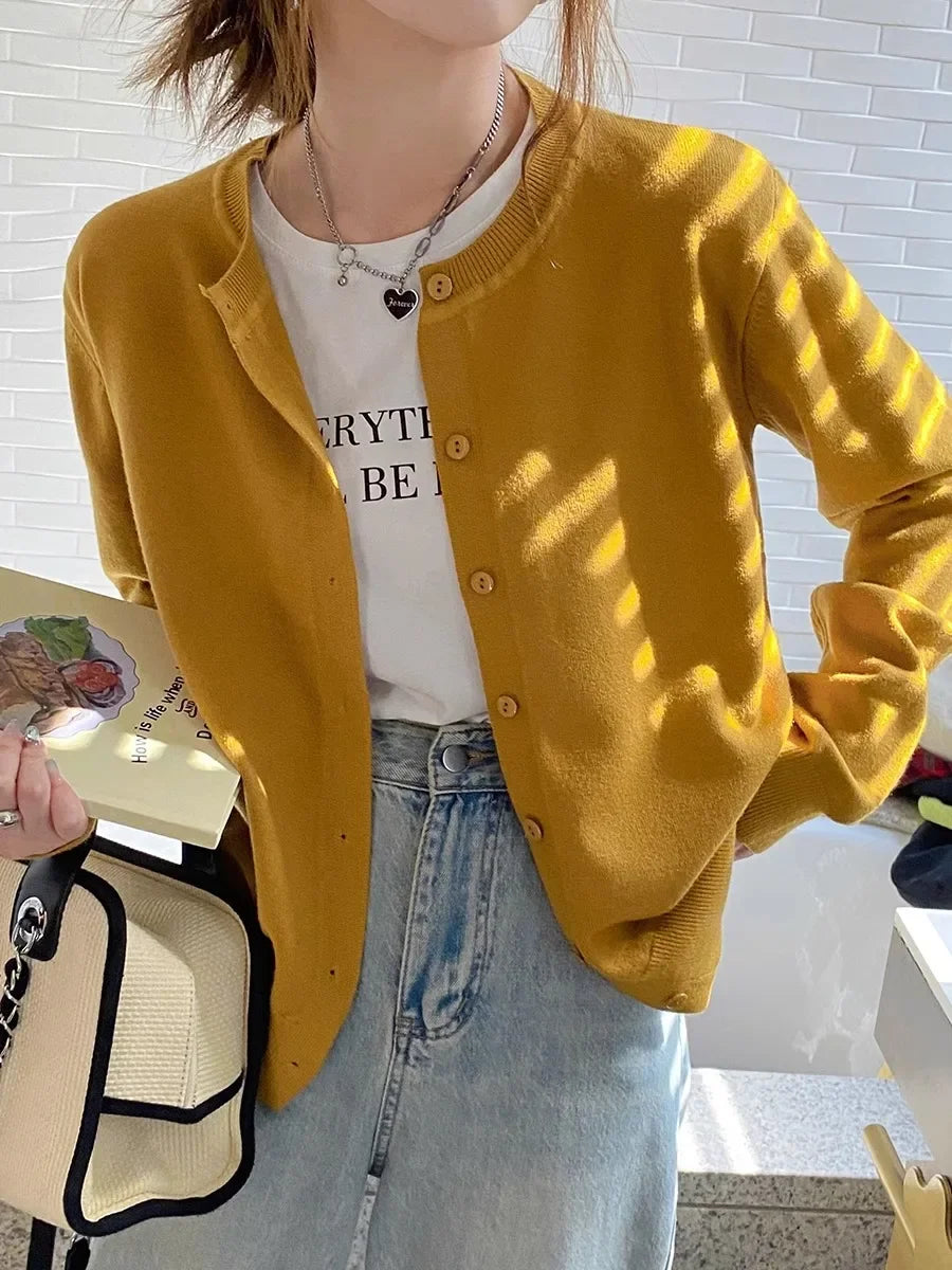 New 2025 Spring Summer Knit Cardigan O-Neck Solid Color Fashion High-Grade Comfortable Slim Casual Knitwear Tops yellow One Size