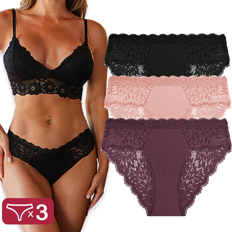 3PCS/Set Sexy Perspective Women Back Lace Panties Patchwork Cotton Underpants Hollow Out Lingerie Underwear Comfortable Briefs Set 4 CHINA|Fast shipping