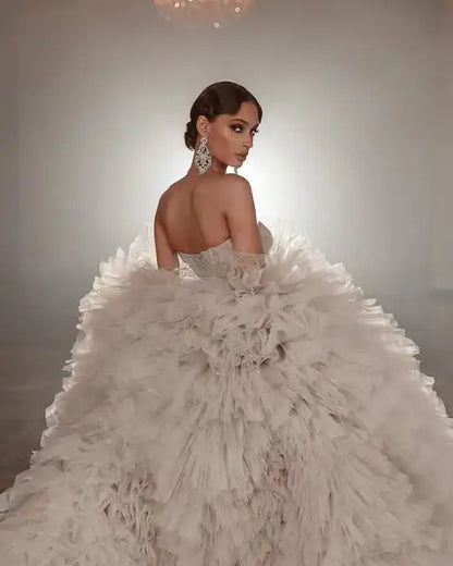 Luxury Champagne Volume Tulle Long Jacket Puffy Sleeves Floor Length Formal Bridal Jacket Cloak Women Outerwear To Stage Show Badiee Stylez