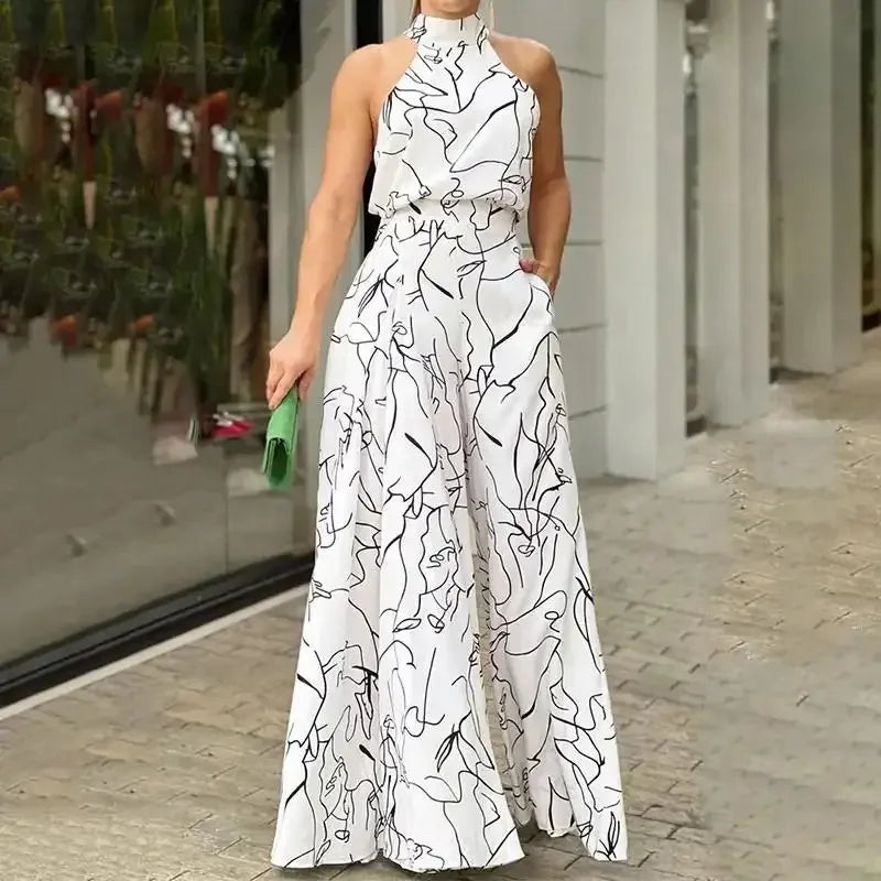 Women's Elegant Jumpsuits Wide Leg Long Pant Summer Sexy Sleeveless Jumpsuit Women 2023 Casual Print Macaque Feminine Clothes