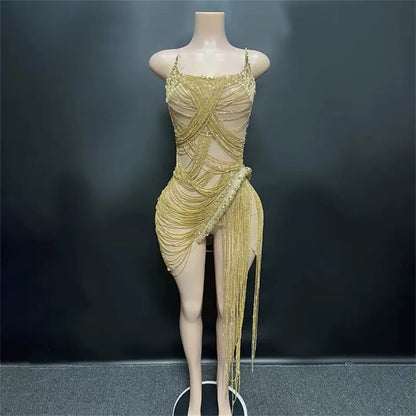 STOCK Sparkly Rhinestone Fringe Dress Women Sexy Birthday Wedding Party Prom Drag Queen Costume Outfit Stage Wear Festival Gold