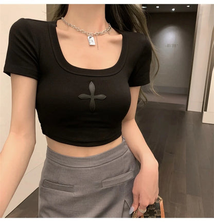 2025 Summer tshirt Women Black Cross Print Short T-Shirt Sexy U Neck Crop Top Short Sleeve Tops Tee Female Shirts