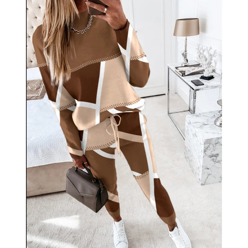 Women Casual Two Piece Sets Fashion Geometric Print O-Neck Long Sleeve Tops and Drawstring Pencil Pants Sets Office Lady Outfits Badiee Stylez