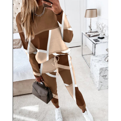 Women Casual Two Piece Sets Fashion Geometric Print O-Neck Long Sleeve Tops and Drawstring Pencil Pants Sets Office Lady Outfits Badiee Stylez