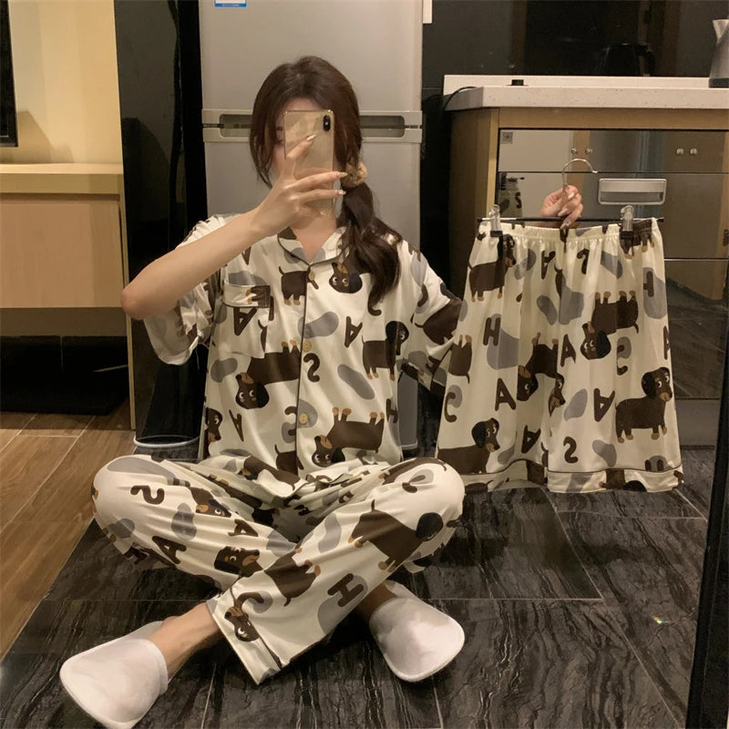 Spring Summer 2024 Cute Women's Pajamas Set Dachshund Print Cotton Two Pieces Short Sleeve Tops Full Length Pants Sleepwear 3991
