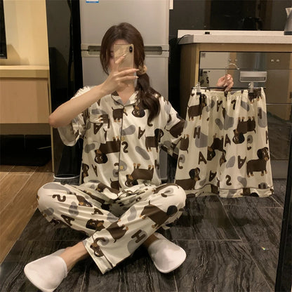 Spring Summer 2024 Cute Women's Pajamas Set Dachshund Print Cotton Two Pieces Short Sleeve Tops Full Length Pants Sleepwear 3991