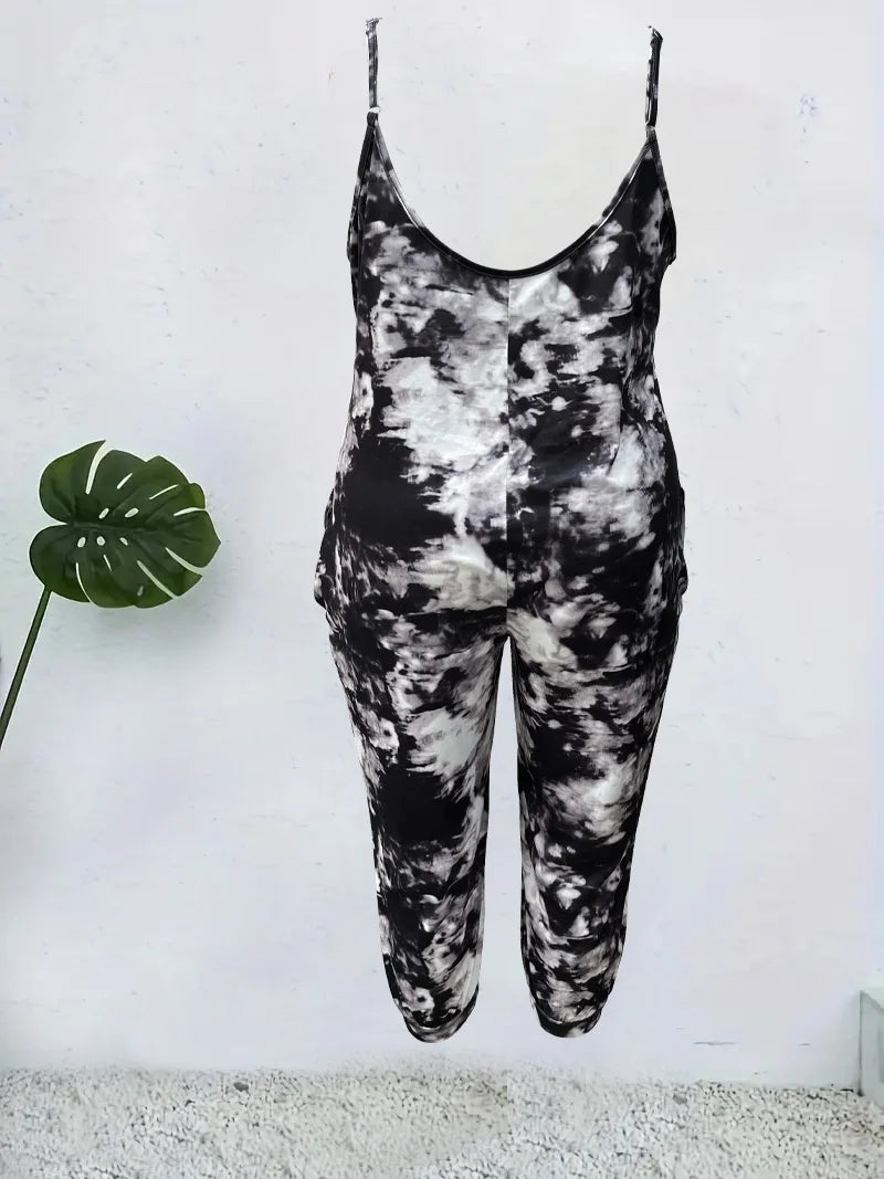 Spring and summer plus size suspender jumpsuit tie-dye print with pockets