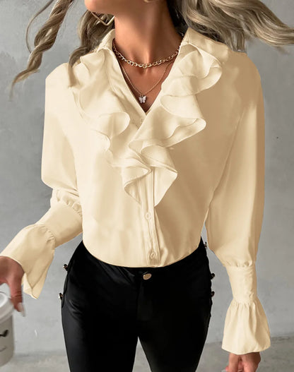 Women Elegant Solid Chiffon Blouse Spring Summer Casual Long Sleeve V Neck Loose Shirt Office Lady Tunics Oversized Tops 2024 Beige