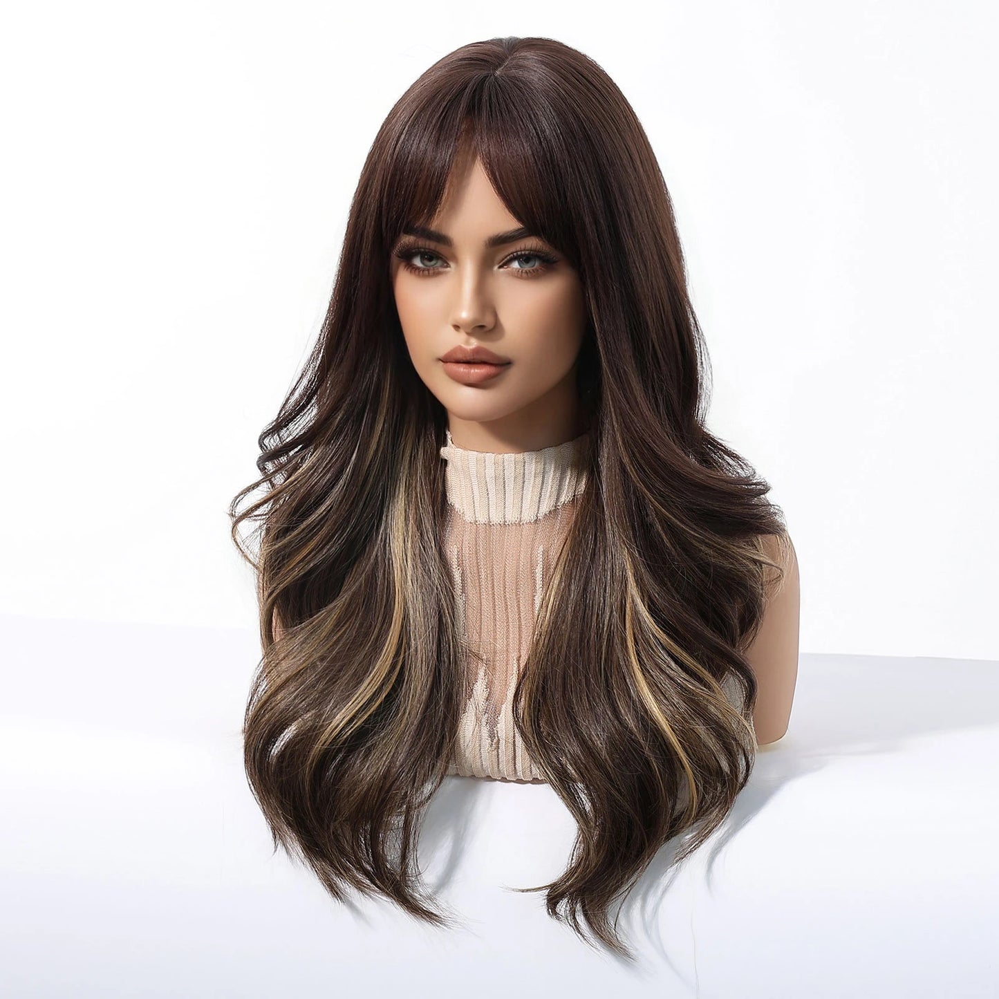 Brown Blonde Highlights Wigs Medium Length Wavy Synthetic Wig With Bangs Natural Body Wave Hair For Women Daily High Temperature