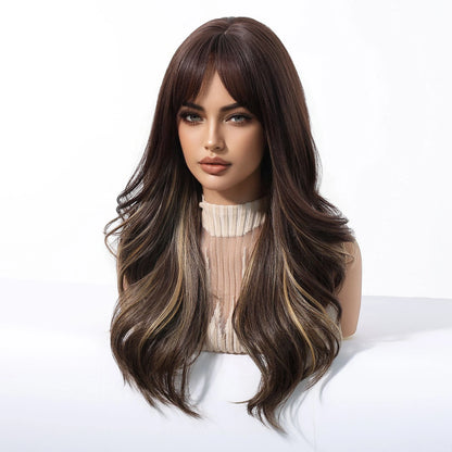 Brown Blonde Highlights Wigs Medium Length Wavy Synthetic Wig With Bangs Natural Body Wave Hair For Women Daily High Temperature
