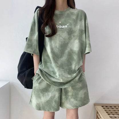 Women Summer 2024 New Fashion Cool Tie Dye Two-Piece Set Leisure And Comfortable Loose Elastic Waist Shorts Set green
