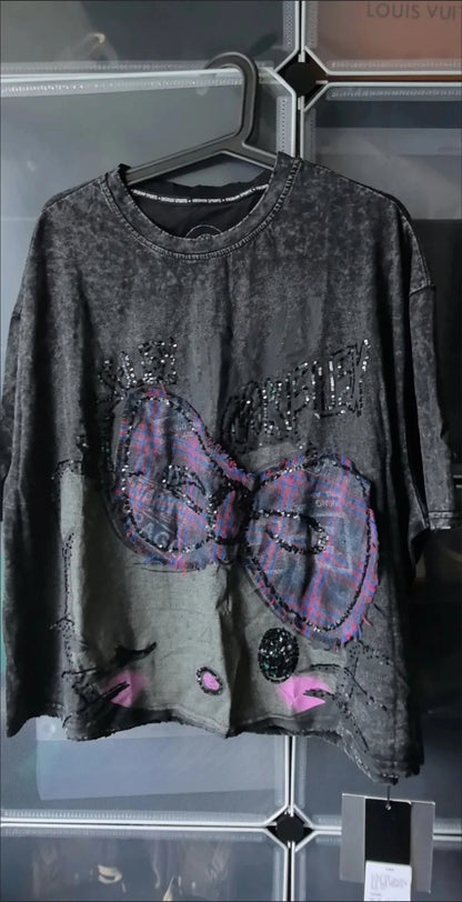 Y2K Hello Kitty Girls Short Sleeve Anime Sanrios Cartoon Cute Summer Sweet Cotton Women T-Shirt Kawaii Casual Loose Trend Tops Badiee Stylez