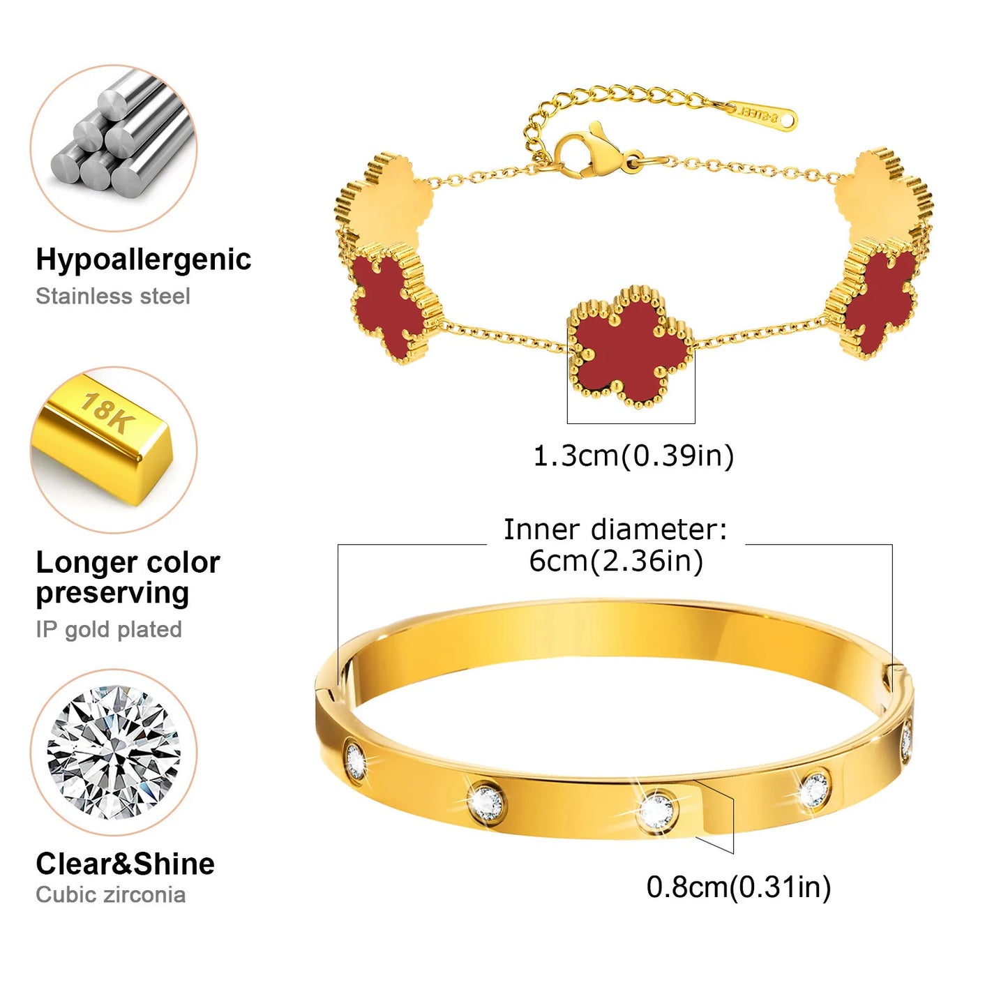 Vnox Exquisite 13mm Clover Bracelet Set for Women, Love Gift Bracelets for Wife Mothers Day Jewelry, Stainless Steel Cuff Bangle Badiee Stylez