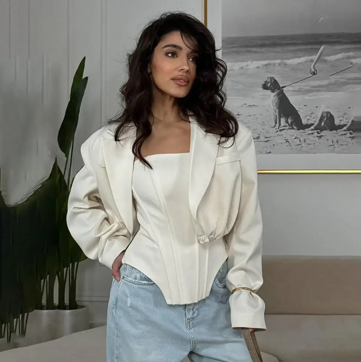 Two Piece Set Fishbone Strapless Vest Top Suit Short Jacket Solid Color Slim Fit Fashion Women Tank Blouse Waist Cinched Coat White 2PCS Set