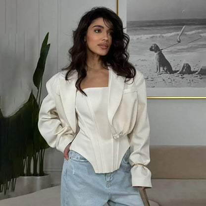 Two Piece Set Fishbone Strapless Vest Top Suit Short Jacket Solid Color Slim Fit Fashion Women Tank Blouse Waist Cinched Coat White 2PCS Set