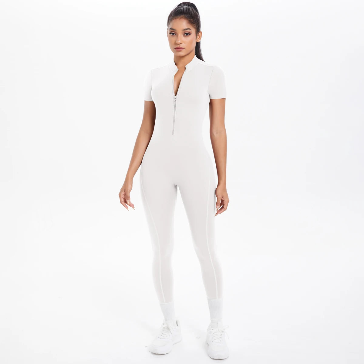 Short Sleeved Fitness Jumpsuit for Woman Bodysuits Backless Solid Color Scrunch One-Piece Suit Half Zipper Gym Yoga Sets Womens