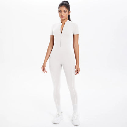 Short Sleeved Fitness Jumpsuit for Woman Bodysuits Backless Solid Color Scrunch One-Piece Suit Half Zipper Gym Yoga Sets Womens