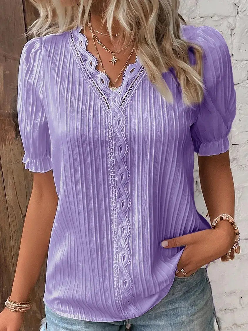 Sexy V Neck Patchwork Blouse Shirts Summer Female Short Lantern Sleeve Holiday Loose Blouse Tops SZE-ST23053 Purple