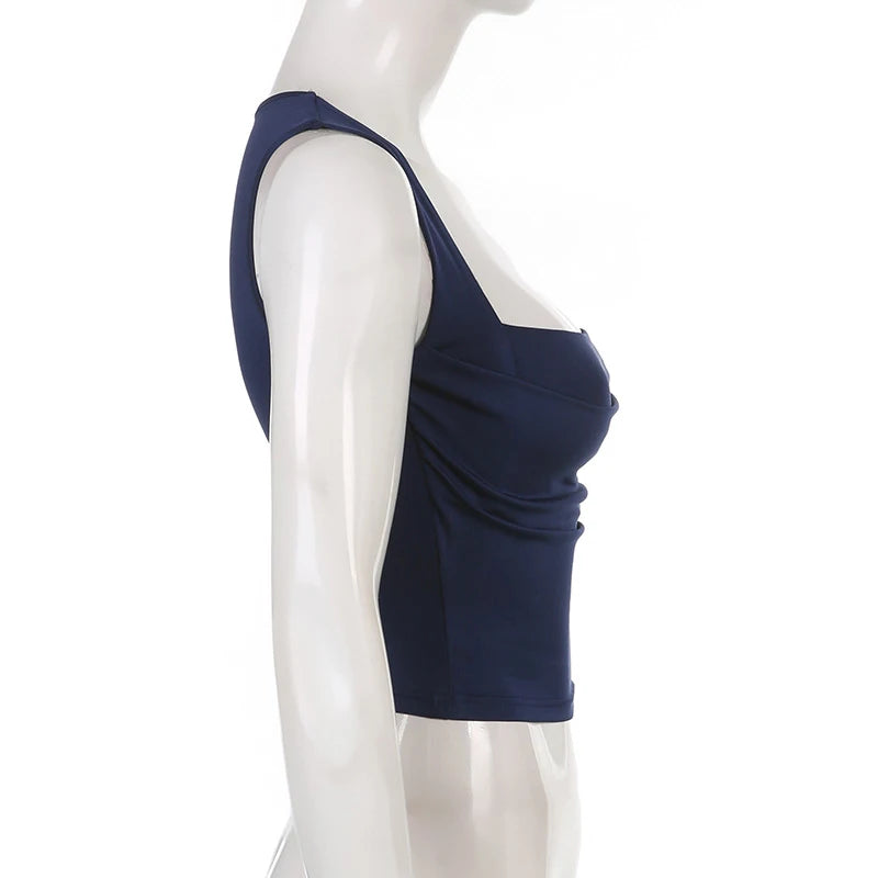 Folds Tanks for Women Solid Elegant Slim Sexy Harajuku Minimalist High Street Y2k Clothes Crop Tops Design