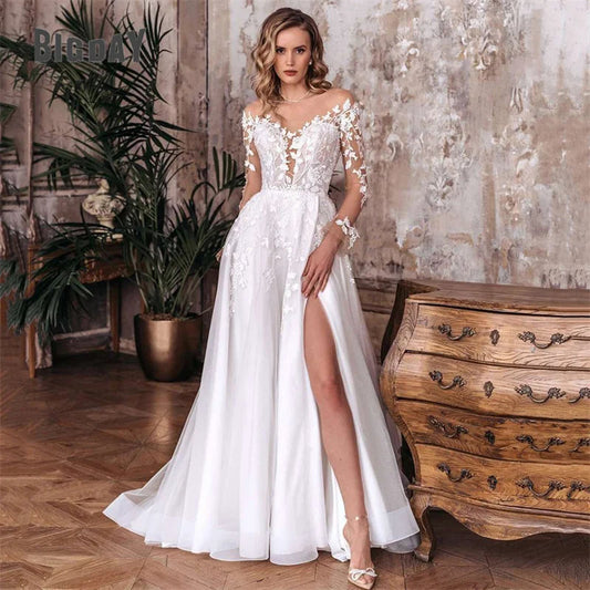 Elegant A-Line Wedding Dress Women Open Back V-Neck Lace Long Sleeve Side Split Tulle Bridal Gown Vestidos De Noiva Customized Badiee Stylez