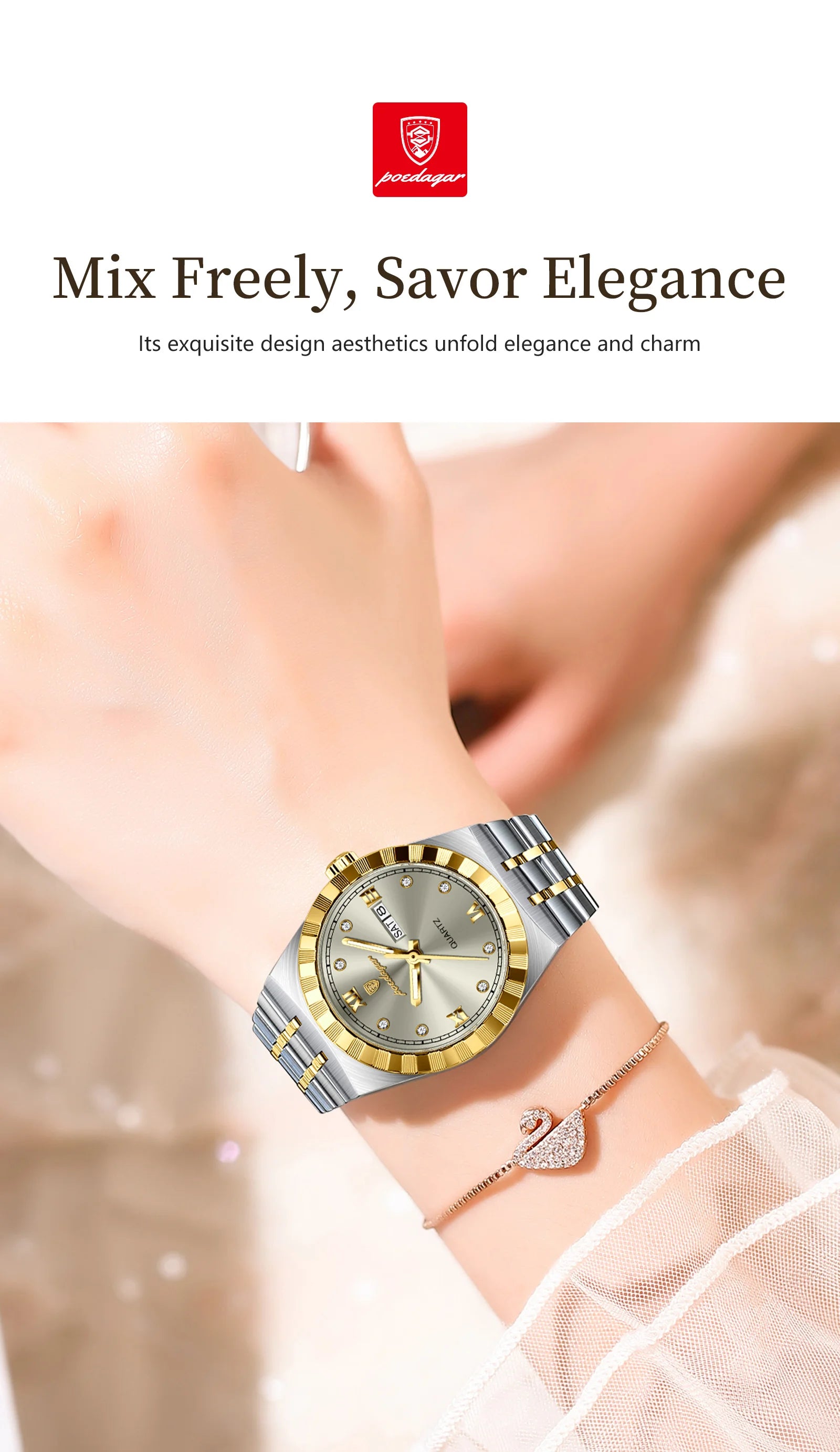 POEDAGAR Luxury Original Ladies Watch Luminous Waterproof Week Date Woman Wristwatch Stainless Steel Women Quartz Watches Female