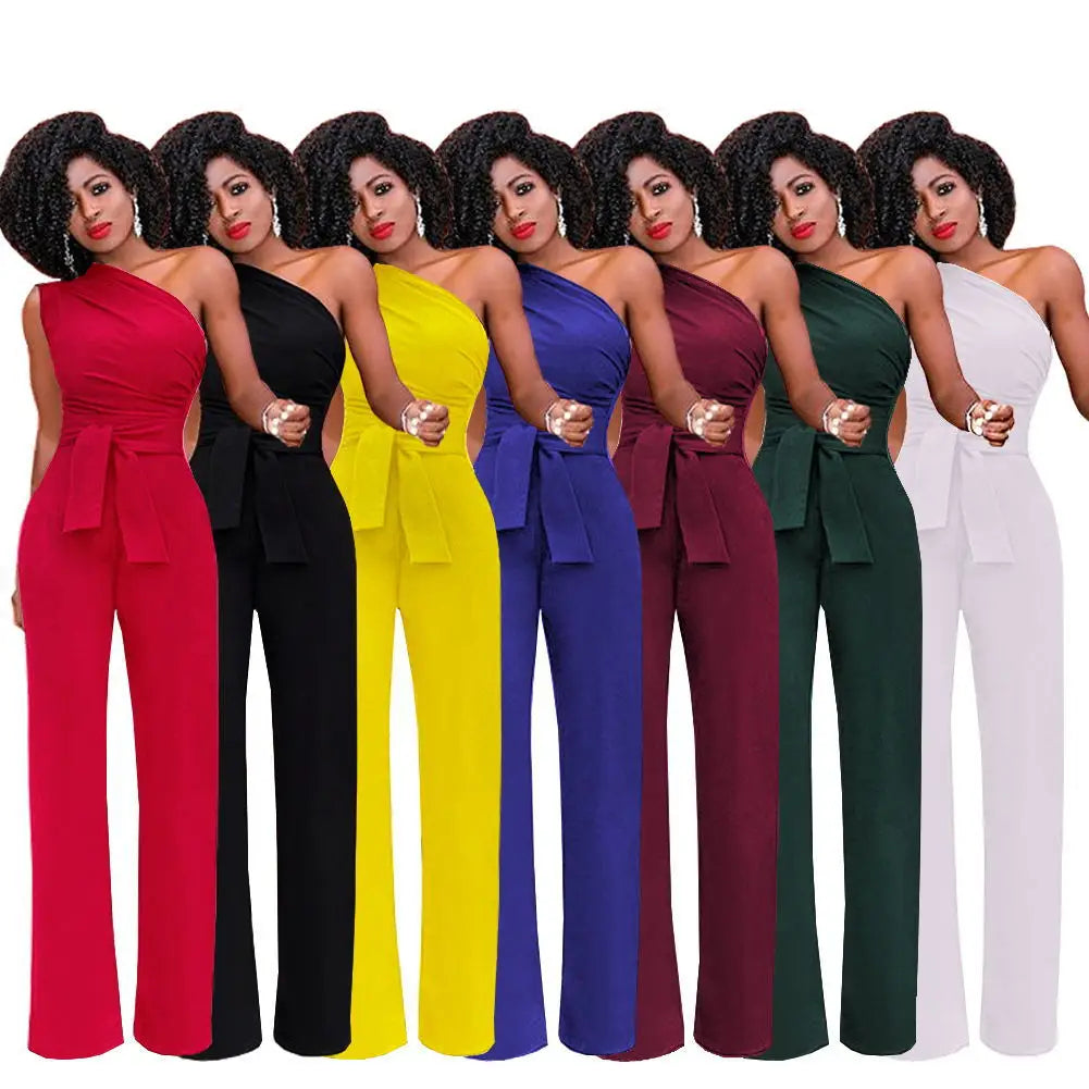 Women's Jumpsuit Solid Skew Collar Crop Top Straight Pants Belt Sexy Sleeveless Loose Pants Elegant Charming Playsuits 2024 Badiee Stylez
