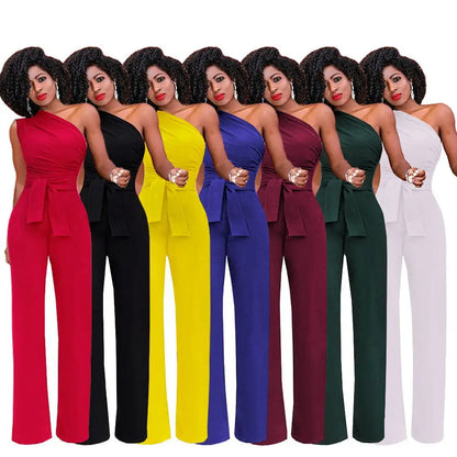 Women's Jumpsuit Solid Skew Collar Crop Top Straight Pants Belt Sexy Sleeveless Loose Pants Elegant Charming Playsuits 2024 Badiee Stylez