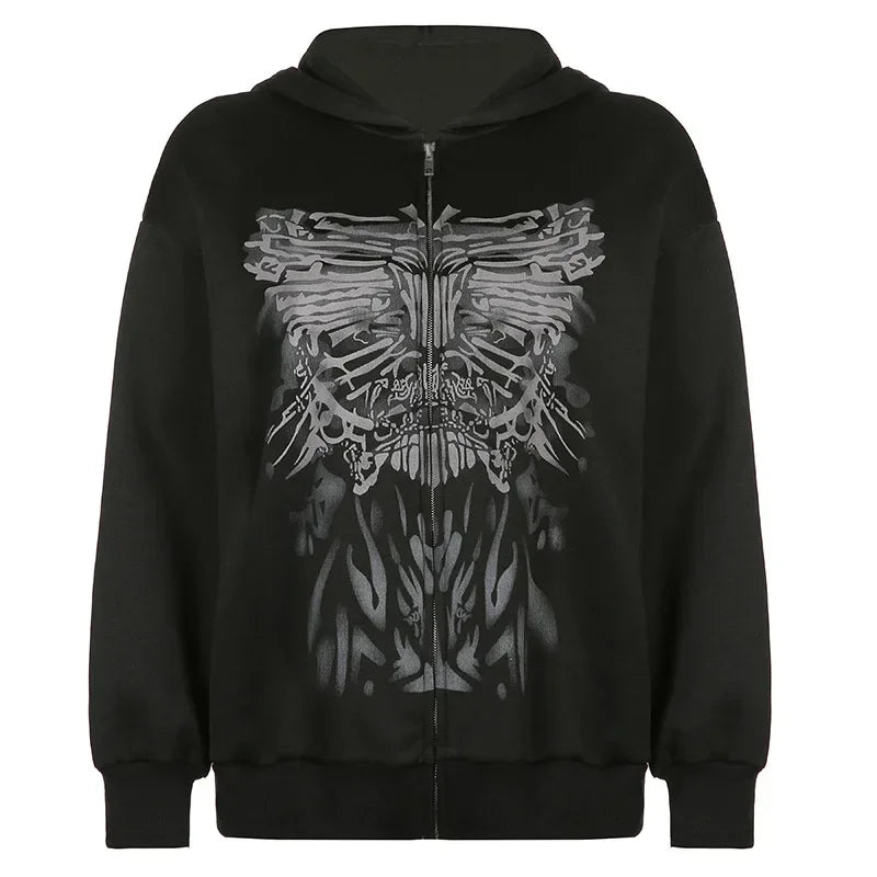Y2K Gothic Butterfly Print Zip Up Women Hoodies 2025 Winter Grunge Skeleton Sweatshirt Casual Hooded Jacket Streetwear Hoodie nz639-black