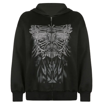 Y2K Gothic Butterfly Print Zip Up Women Hoodies 2025 Winter Grunge Skeleton Sweatshirt Casual Hooded Jacket Streetwear Hoodie nz639-black