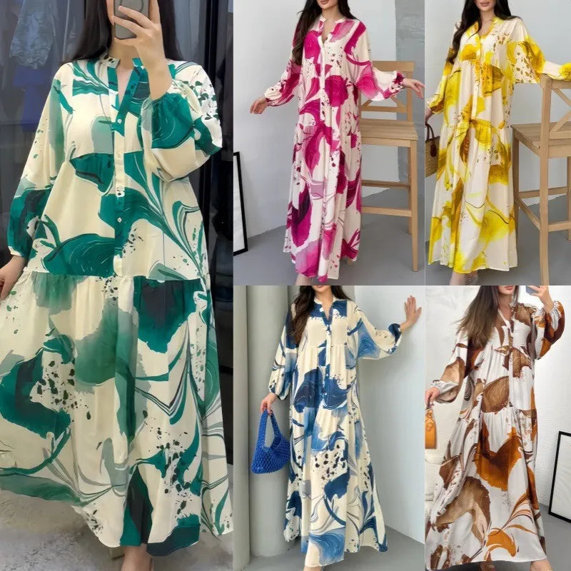 Printed Loose Long Shirt Women's Long-sleeved Dresses Spring Autumn New Fashion Spliced elegant Female Casual Robe Dresse 2025 Badiee Stylez