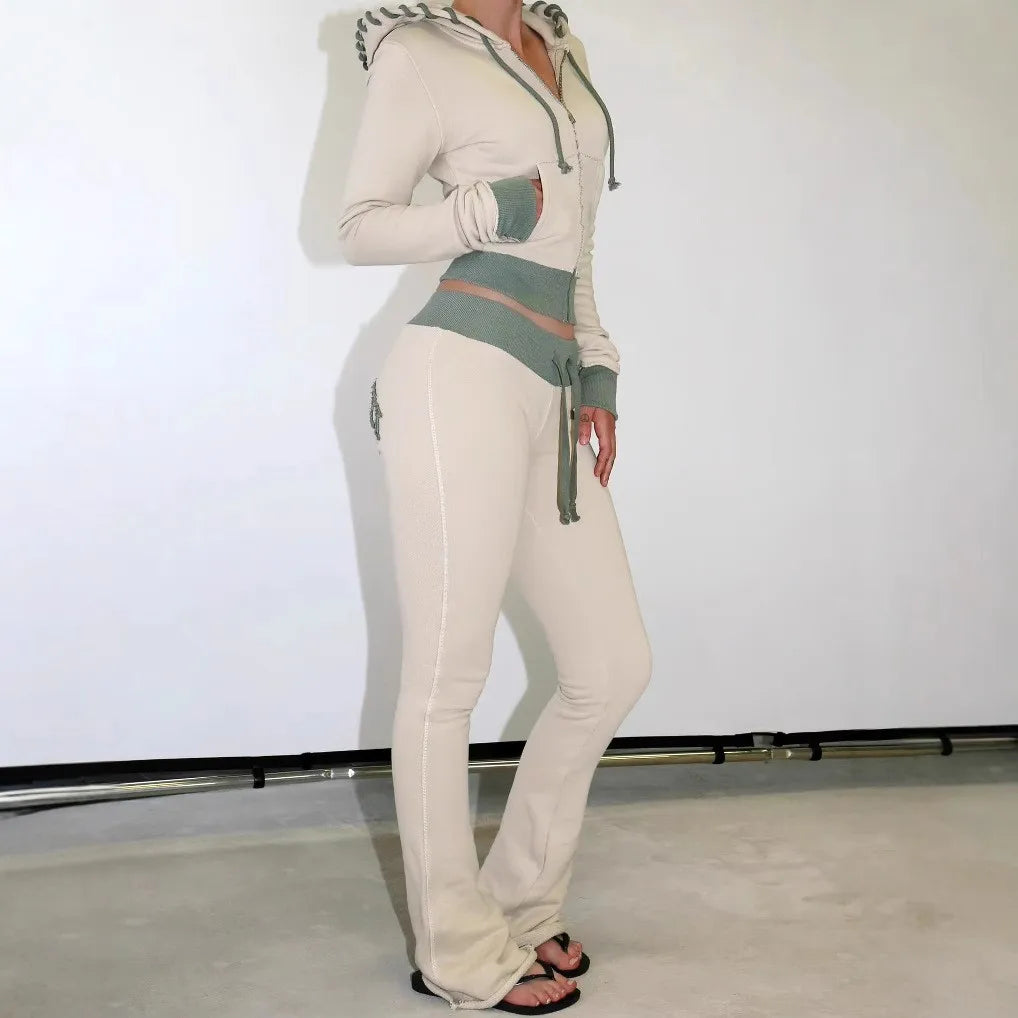 Patchwork 2 Piece Set Tracksuit Women Zip Wide Waist Crop Hooded Pocket Jacket + Sporty Pants Matching Casual Basic Suit