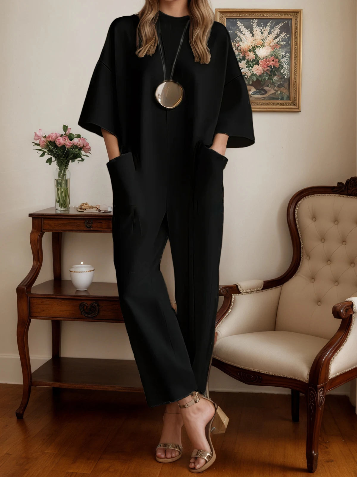 Women’s Loose Jumpsuit Pockets Solid Elegant Straight Long Pants Summer Round Neck 3/4 Sleeves Casual Female Office Lady Rompers Badiee Stylez