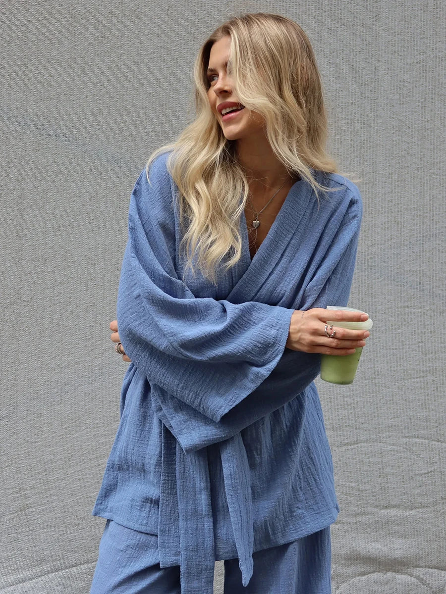 Mozuleva 2025 Autumn New 100% Cotton Women's Blue Lace Up Long Sleeve Pajama Set Loose Pants 2 Piece Leisure Homewear