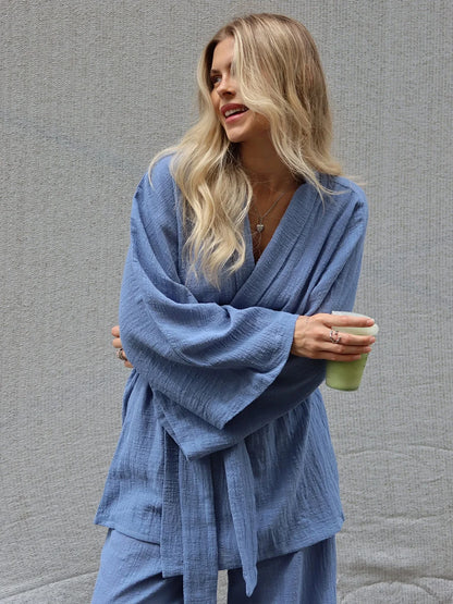 Mozuleva 2025 Autumn New 100% Cotton Women's Blue Lace Up Long Sleeve Pajama Set Loose Pants 2 Piece Leisure Homewear