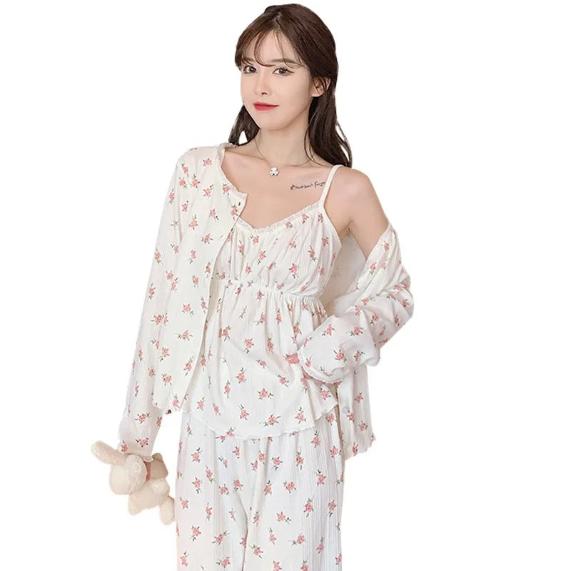 Three Piece Cotton Pajamas Women Long Sleeve Trousers Sexy Floral Student Loungewear Large Size Romantic Women Nightwear Sexy