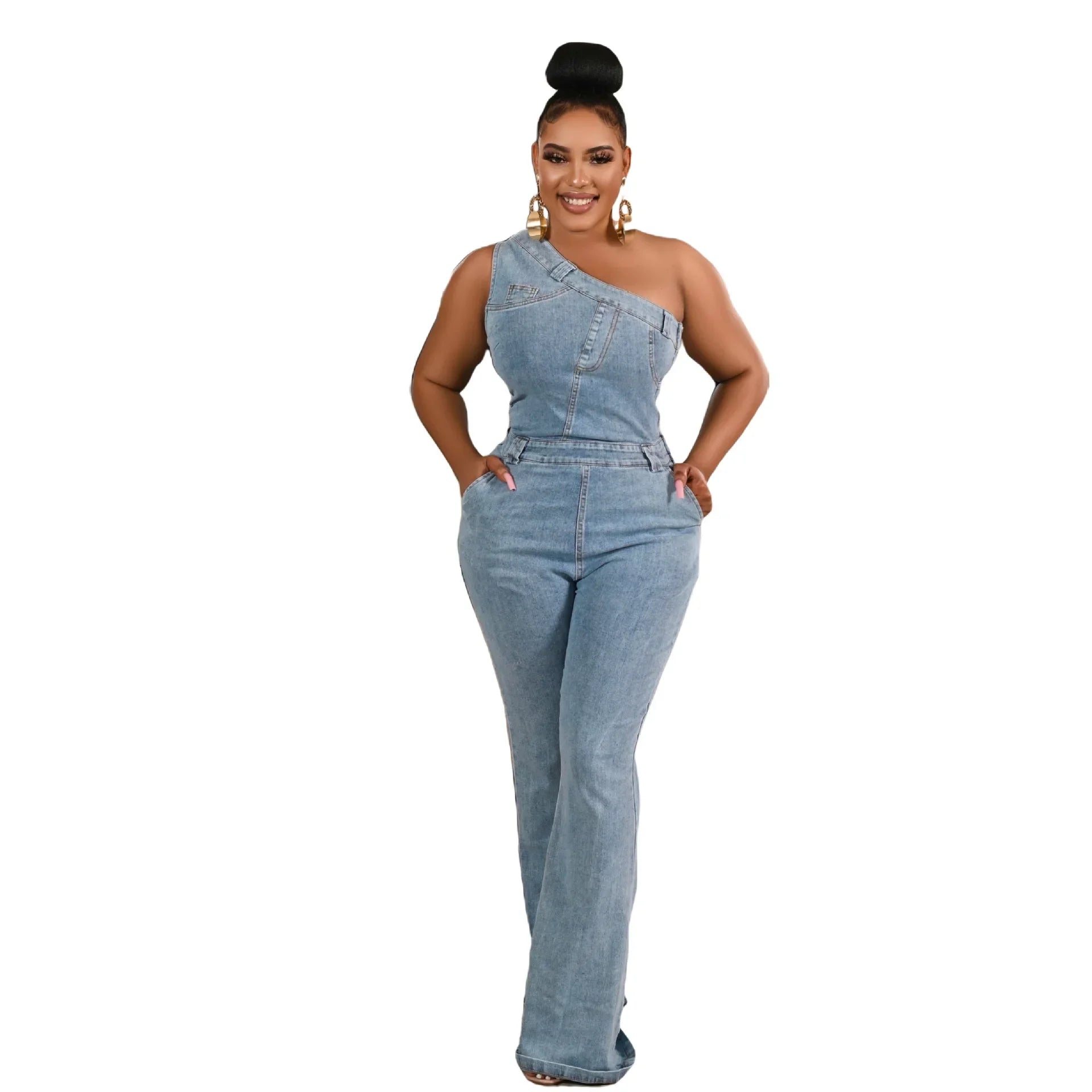 Flare Denim Pants Full Length Women Jeans One Piece Overalls Spliced Solid Jumpsuits Loose Pockets High Waist Basics Washed
