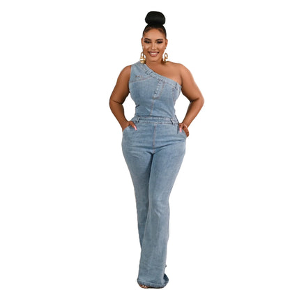 Flare Denim Pants Full Length Women Jeans One Piece Overalls Spliced Solid Jumpsuits Loose Pockets High Waist Basics Washed